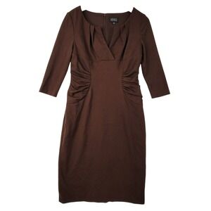 Adrianna Papell Vintage Brown 3/4 Sleeve Pleated Front Work Sheath Dress Size 6